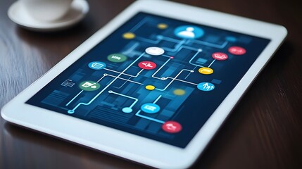 A tablet showing a detailed business roadmap