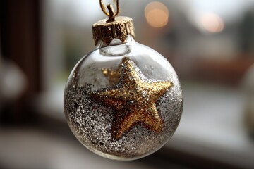 Beautiful golden star ornament shining inside a glass decoration during the holiday season