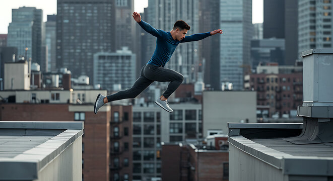 Urban Athlete in MidAir Leap Across City Roofs
