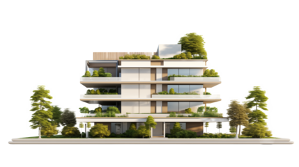 Modern Green Apartment Building Architectural Design Rendering on white and transparent Background