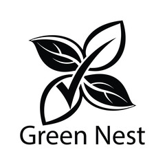 Elegant Green Nest Logo Design with Leaves and Check Mark Icon