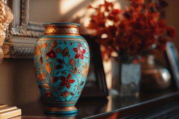 Decorative blue vase with floral patterns placed on a table beside autumn-themed arrangements in warm lighting