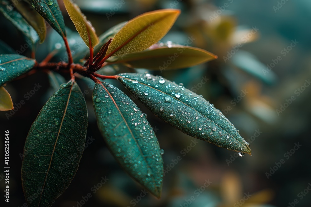 Poster close-up view of raindrops on lush green leaves in a forest setting during early morning hours