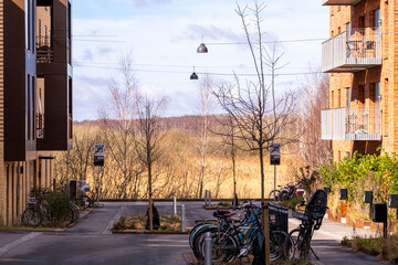Quiet residential street in Ørestad, Copenhagen with brick buildings, trees, and parked bicycles, ideal for urban lifestyle, architecture, and residential design stock.