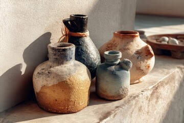 Ceramic pottery displayed on a stone ledge in a sunlit room with minimalist decor