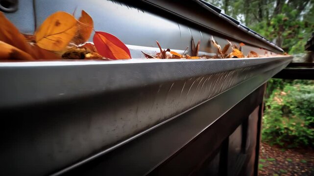 Metal gutter with autumn foliage accumulating, blocking drainage during rainy season, creating potential roof damage and home maintenance issues