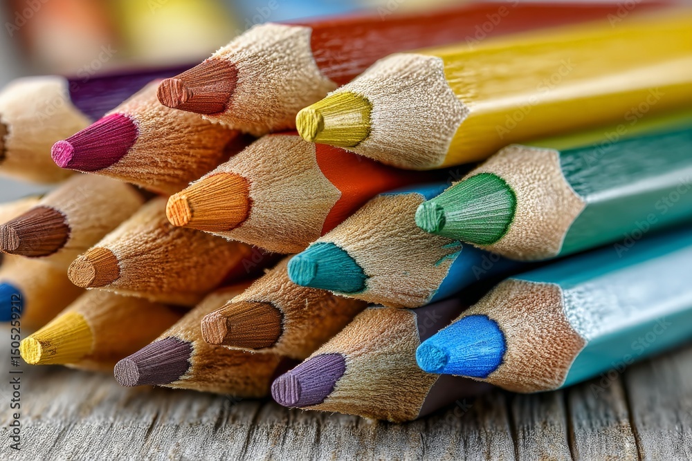 Leinwandbilder colorful collection of sharpened colored pencils arranged in a vibrant display on a rustic wooden su