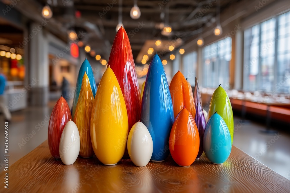 Poster colorful abstract sculptures displayed on a wooden table in a modern indoor space with bright lighti