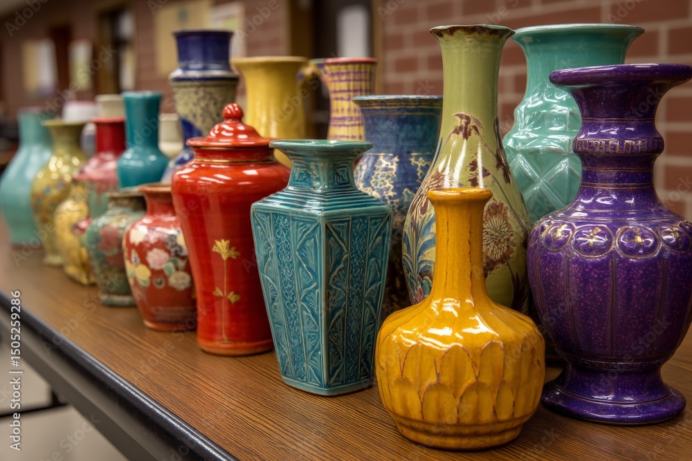 Poster colorful ceramic vases arranged on a table in a community event space showcasing local artisans' wor