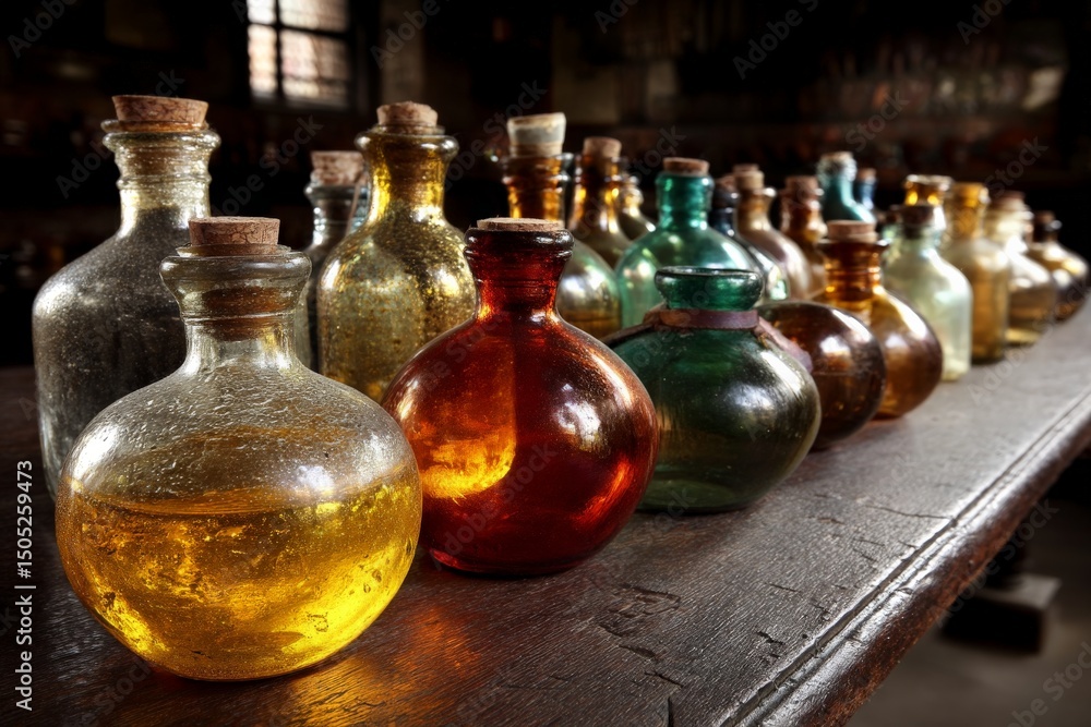 Poster colorful glass bottles filled with various liquids arranged on a wooden table in a dimly lit setting
