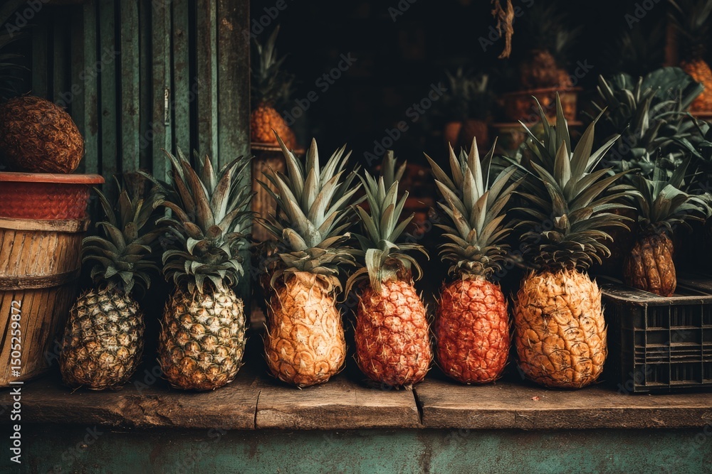 Poster fresh pineapples displayed at a rustic market stand in vibrant colors during daylight hours