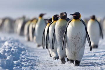 Emperor penguins march across the snowy landscape in Antarctica during the cold winter months