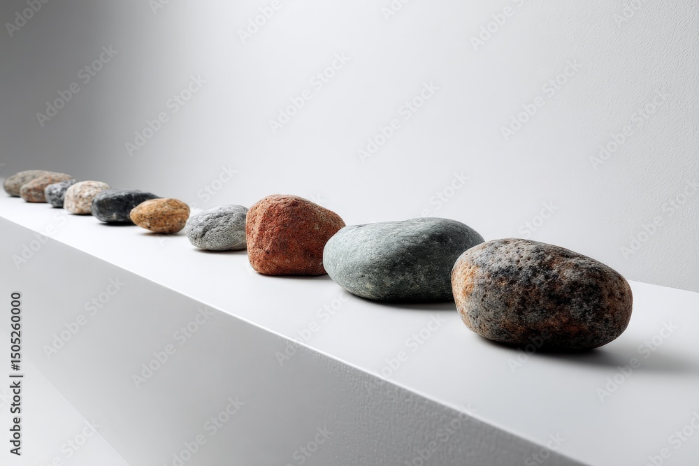 Poster Display of various shaped stones arranged in a line on a minimalist shelf in a modern indoor setting