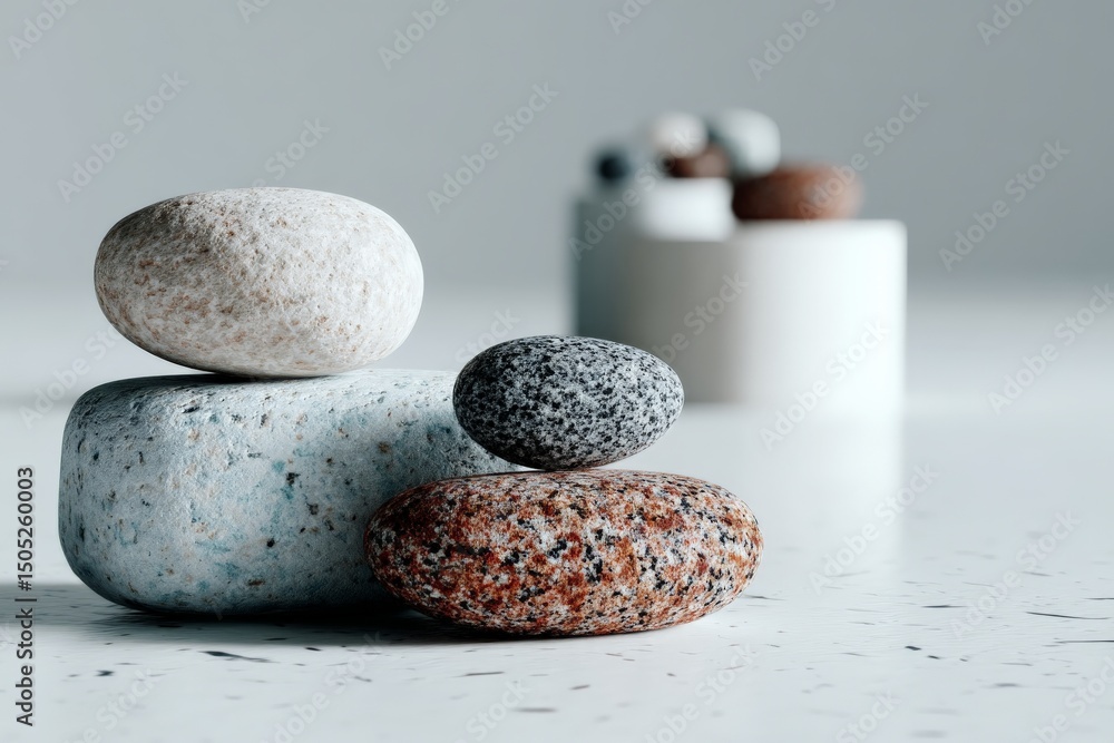 Poster Decorative arrangement of smooth stones on a textured surface creating a minimalist aesthetic in a bright environment