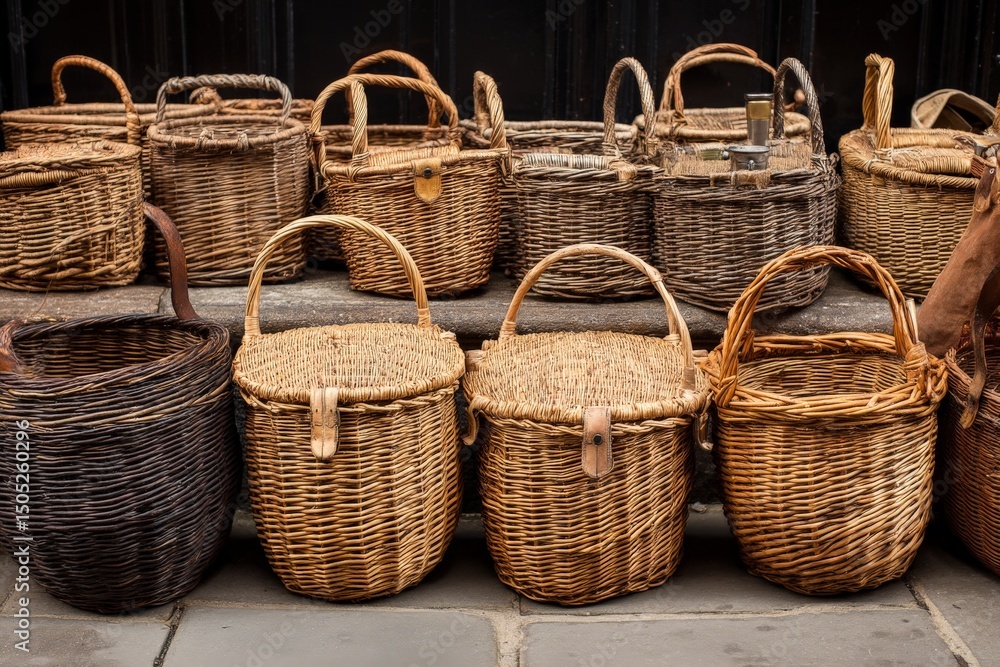 Poster Variety of handcrafted wicker baskets displayed against a rustic background in a market setting