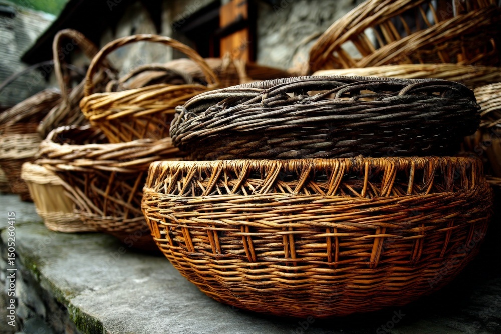Poster Handcrafted wicker baskets displayed on a stone ledge in a rustic setting
