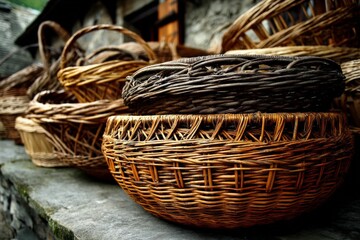 Handcrafted wicker baskets displayed on a stone ledge in a rustic setting