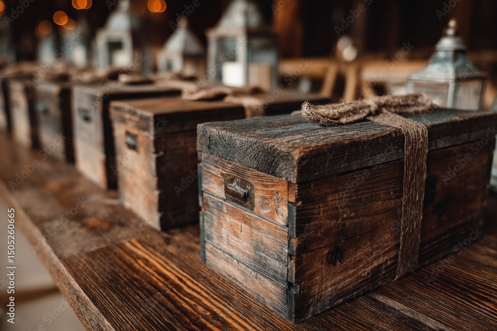Poster rustic wooden boxes arranged on a wooden table surrounded by lanterns in a cozy setting