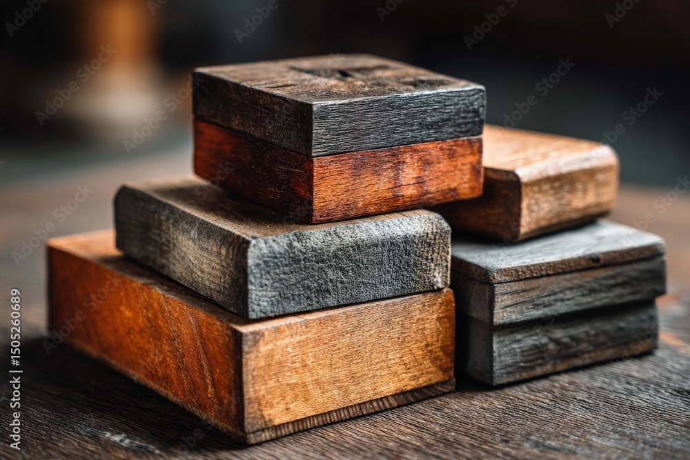 Poster Wooden blocks stacked on a rustic table showcasing various textures and colors in natural light