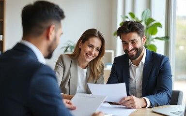 Happy couple reading terms of  agreement during  meeting with bank manager in office. High quality