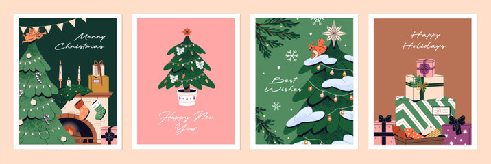 Set of Christmas greeting card designs. Templates of Xmas postcards with decorated fir trees, gifts. Layouts with congratulations with New Year. Winter holiday celebration. Flat vector illustrations © Paper Trident