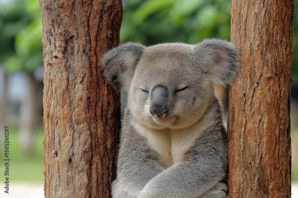 Poster koala resting peacefully between tree trunks in a serene outdoor setting during day