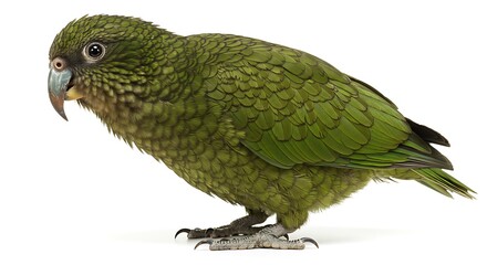 Fototapeta premium Critically endangered Kākāpō (Strigops habroptilus), New Zealand's iconic flightless parrot, stands in profile, showcasing its distinctive mossy-green, softly-barred plumage, owl-like facial disc, and