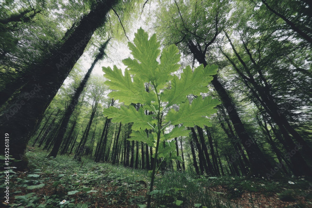 Aufkleber green leaf stands tall in a serene forest surrounded by towering trees on a bright sunny day
