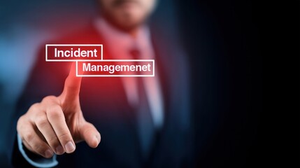 Businessman pointing to transparent screen with glowing text incident management, highlighting digital response strategy for security incident control