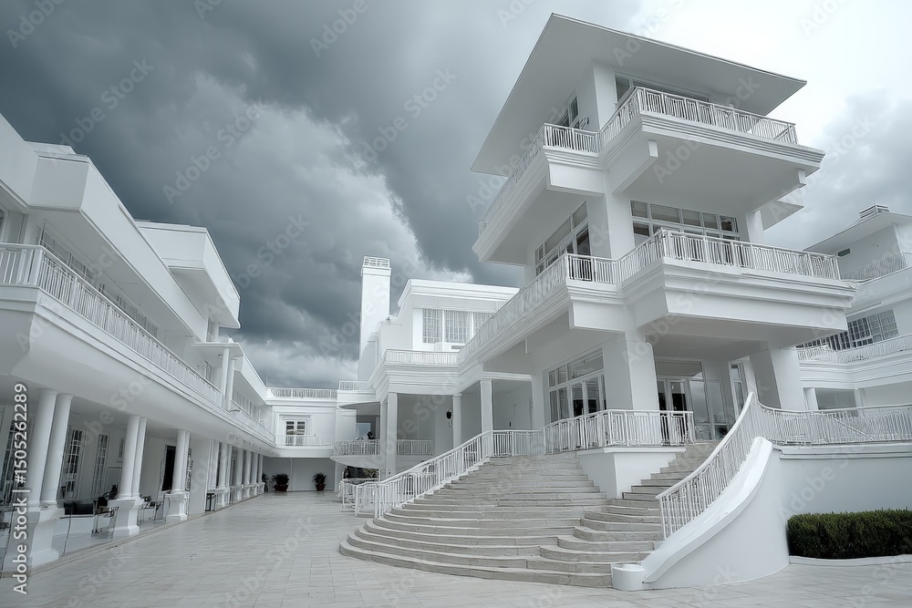 Poster elegant modern white architecture under a dramatic sky with clouds in a luxurious outdoor setting ne