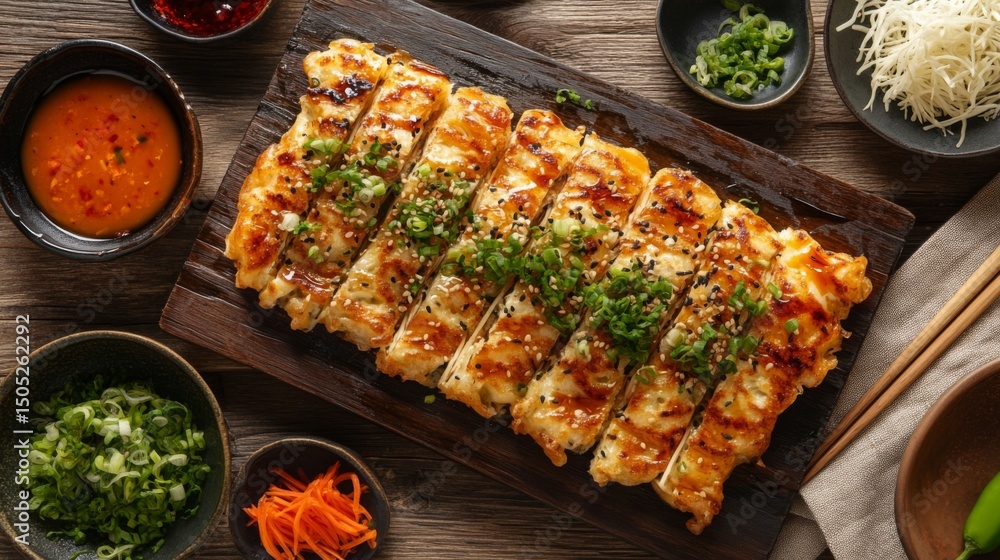 Poster A top-down view of a colorful okonomiyaki feast, featuring different variations on a wooden table, garnished with sauces and fresh ingredients for an inviting scene.