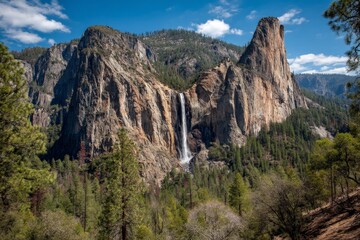 Fototapeta premium Waterfall cascades down rocky cliffs in a stunning mountain landscape under a blue sky with scattered clouds