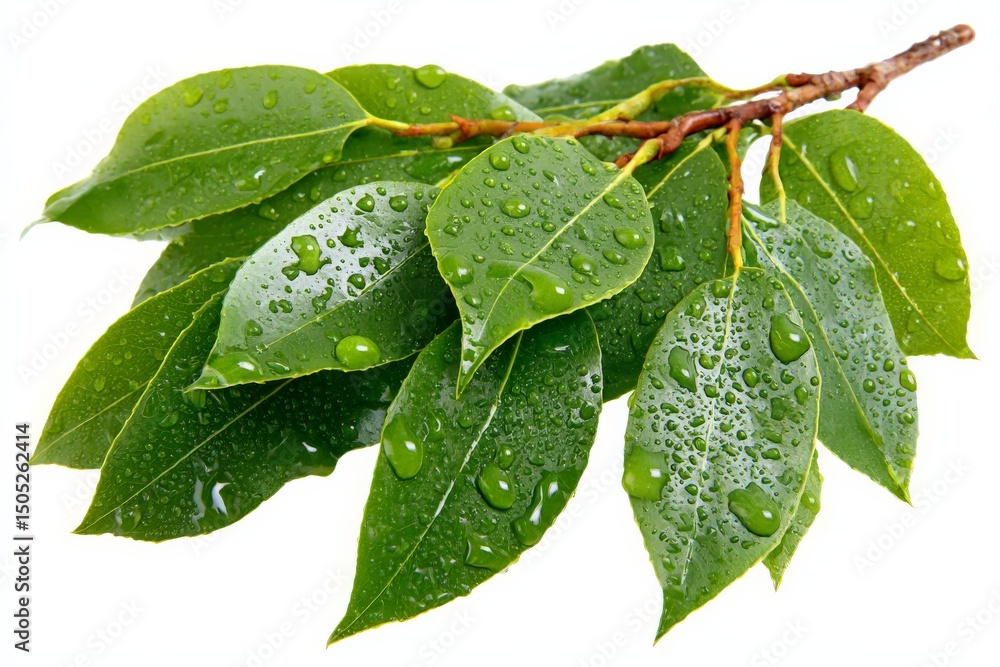 Poster fresh bay leaves with water droplets on a branch in a natural setting highlighting vibrant green col