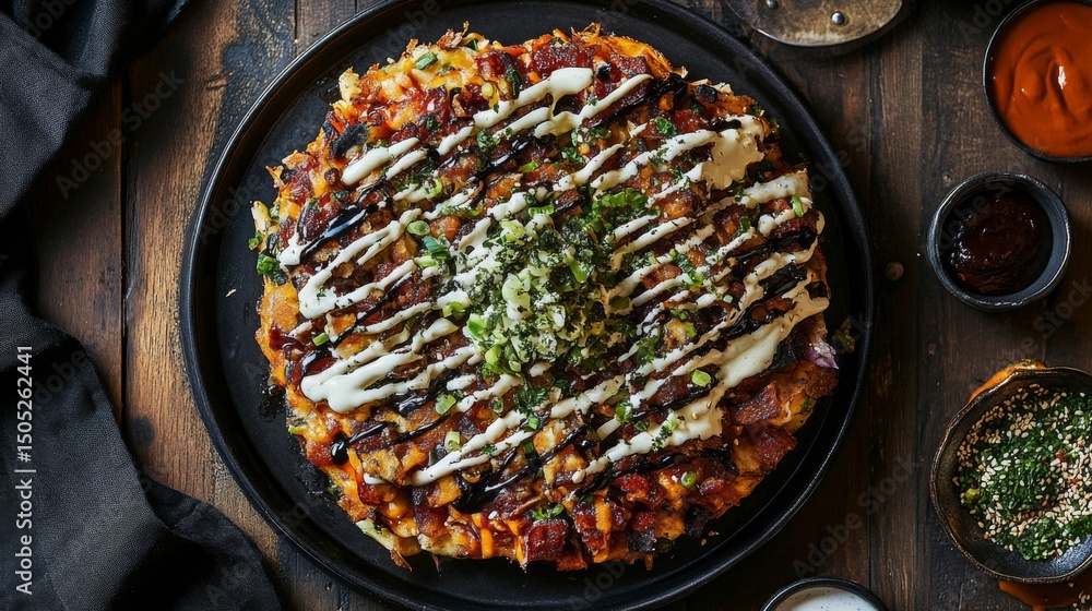 Poster A top-down view of a colorful okonomiyaki feast, featuring different variations on a wooden table, garnished with sauces and fresh ingredients for an inviting scene.