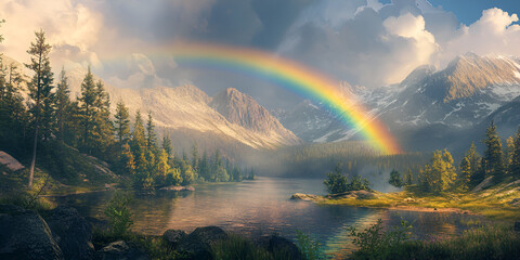 Rainbow Arching Over Serene Landscape with Peaceful Natural Scenery