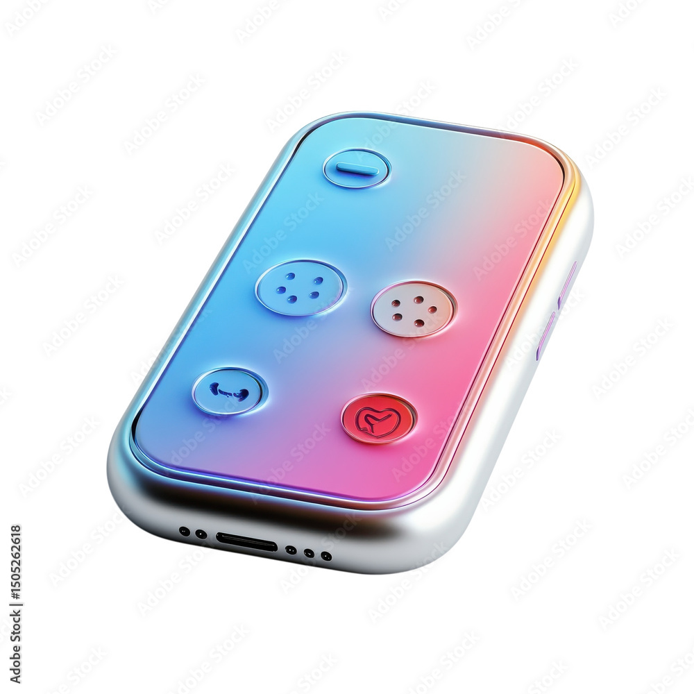 Poster sleek futuristic remote controller bathed in neon gradients with a glossy on transparent background