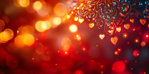 Red Bokeh Background with Luminous Golden Heart Light Effects