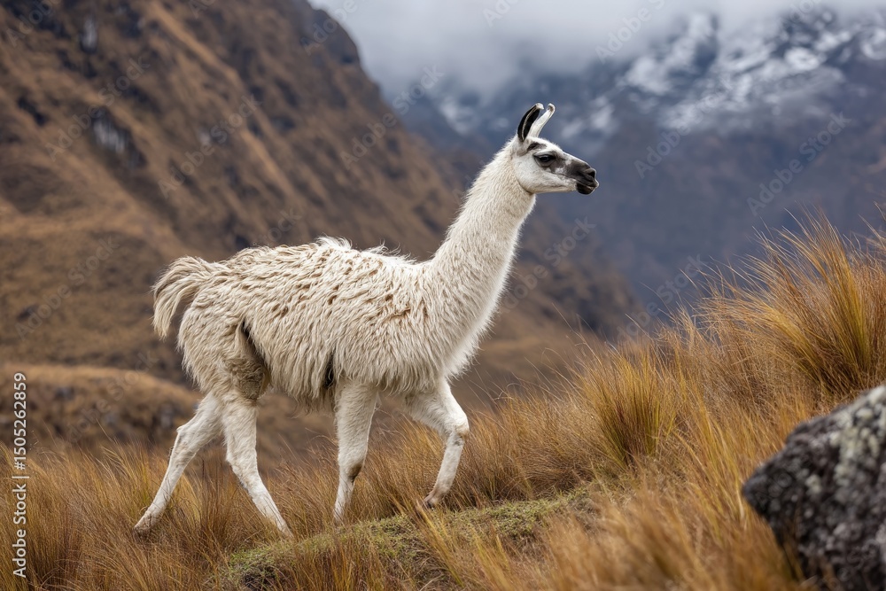 Poster llama walking through the grassy fields in the andes mountains under cloudy skies