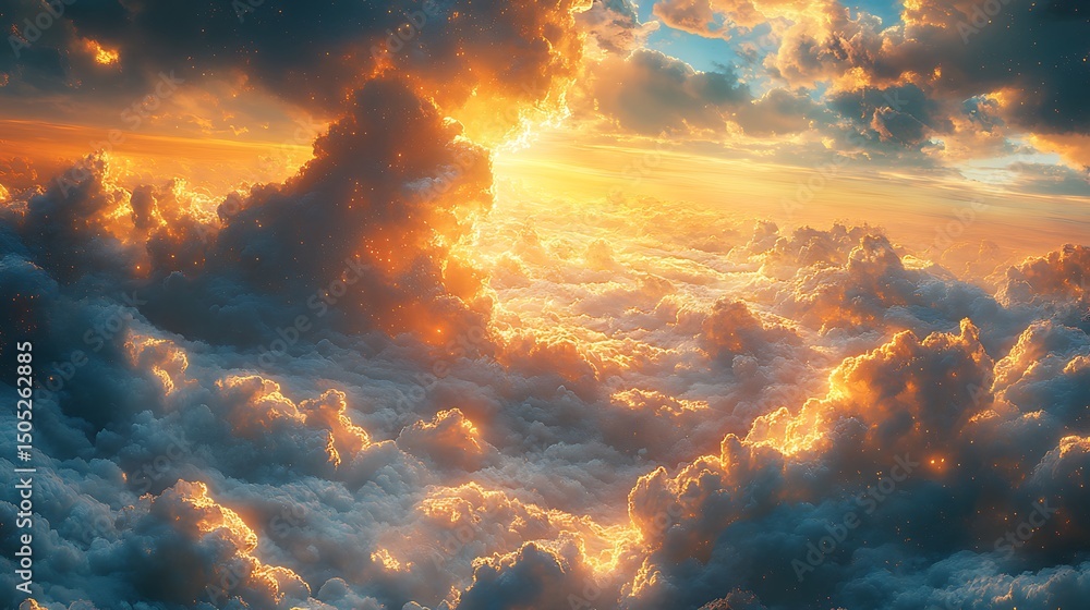 Poster beautiful golden sky with fluffy clouds illuminated by sunlight in a high resolution image