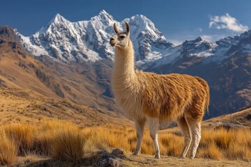 Majestic llama stands in a golden field with snow-capped mountains in the background during bright daylight