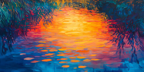Vivid Sunset Colors Reflecting on Still Pond Tranquil Nature Scene
