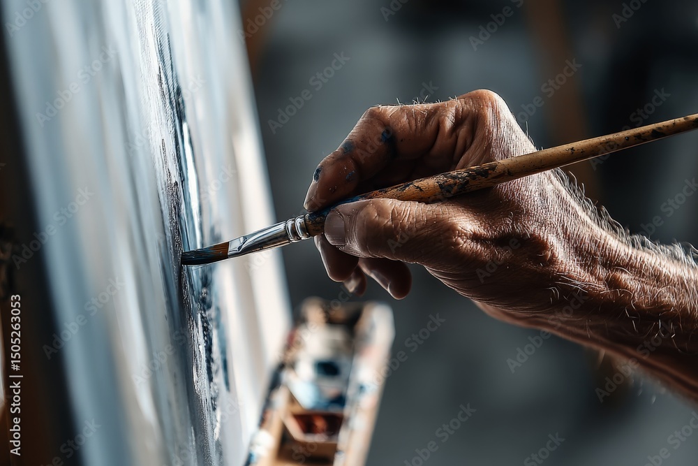 Poster experienced artist focuses on creating a detailed painting in a studio environment during daylight