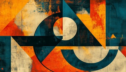 Abstract Geometric Art Print Vintage Texture Orange Teal and Beige Shapes