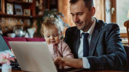 Businessman in a suit engaged in a video conference call on his laptop, with his child happily playing beside him, balancing personal life in a home office.