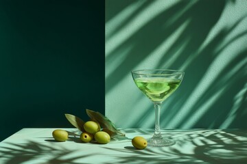 Elegant green cocktail garnished with olives surrounded by shadows in a minimalist setting