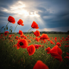 Fototapeta premium Champ de coquelicots sous un ciel orageux