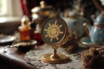 Fototapeta premium Vintage brass hand mirror with floral motif placed on an antique table surrounded by collectibles in a cozy setting