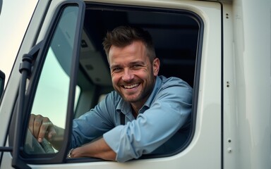 Happy truck driver entering in vehicle cabin and looking at camera. High quality