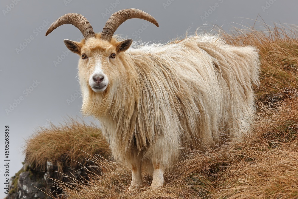 Poster A fluffy goat stands on rocky terrain with a backdrop of gray clouds in a tranquil natural setting