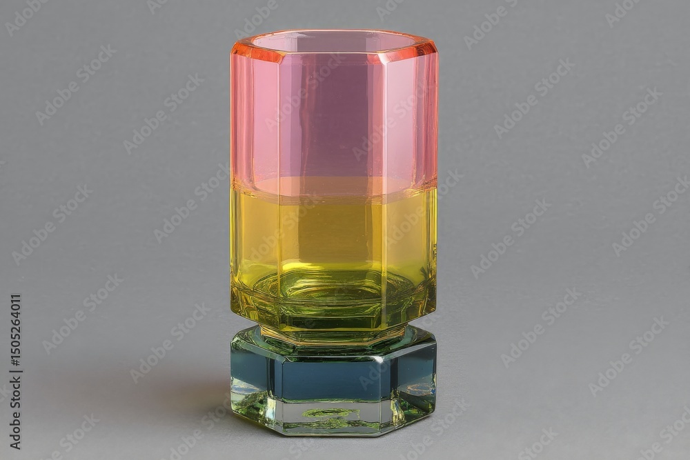 Poster colorful glass vase with gradient design and geometric base displayed on a neutral background